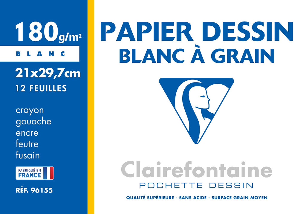 POCHETTE À DESSIN BLANC À GRAIN A4 12 FEUILLES 180G CLAIREFONTAINE